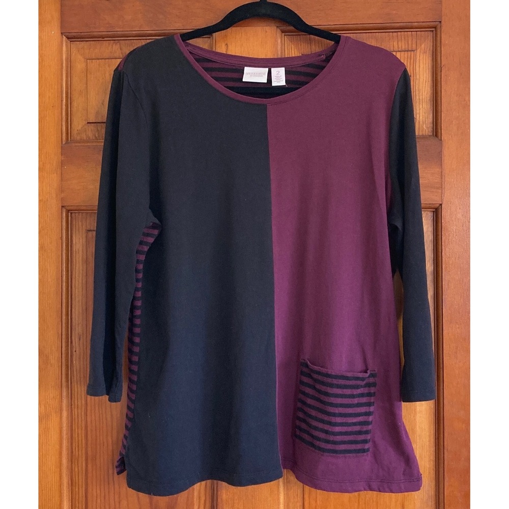 Chicos Weekends Womens 2 L Colorblock Striped Pocket Top Purple Black Fall Quinn